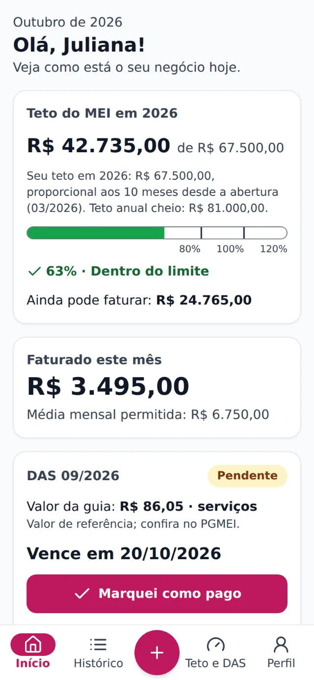 Tela inicial no celular com o teto do MEI em verde e o DAS do mês