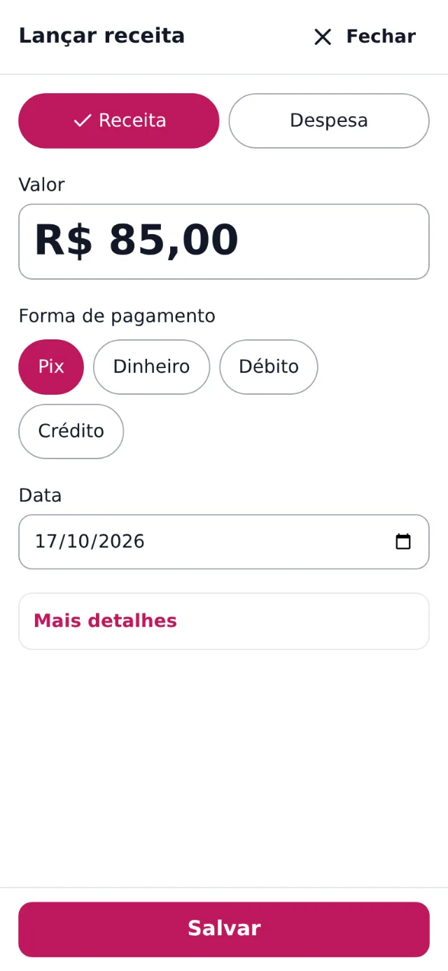 Lançamento de receita no celular: valor, Pix, dinheiro ou cartão e data