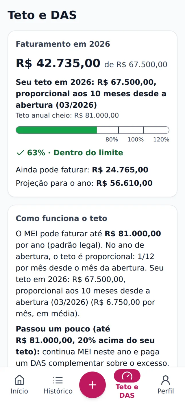 Tela Teto e DAS no celular com o quanto ainda pode faturar no ano