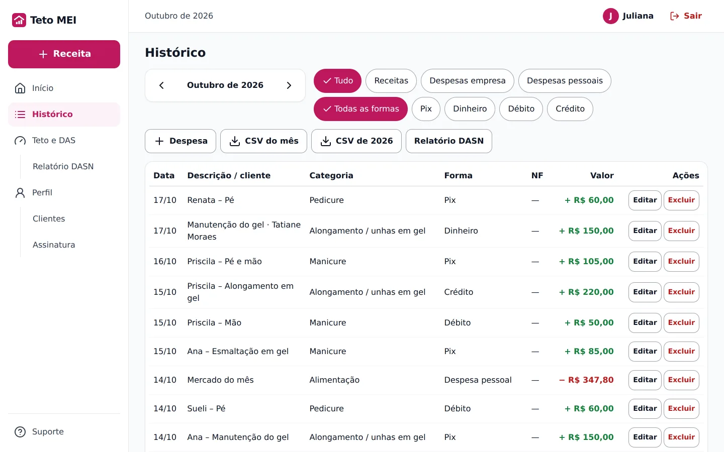 Histórico de lançamentos em tabela com data, cliente, categoria, forma de pagamento e valor