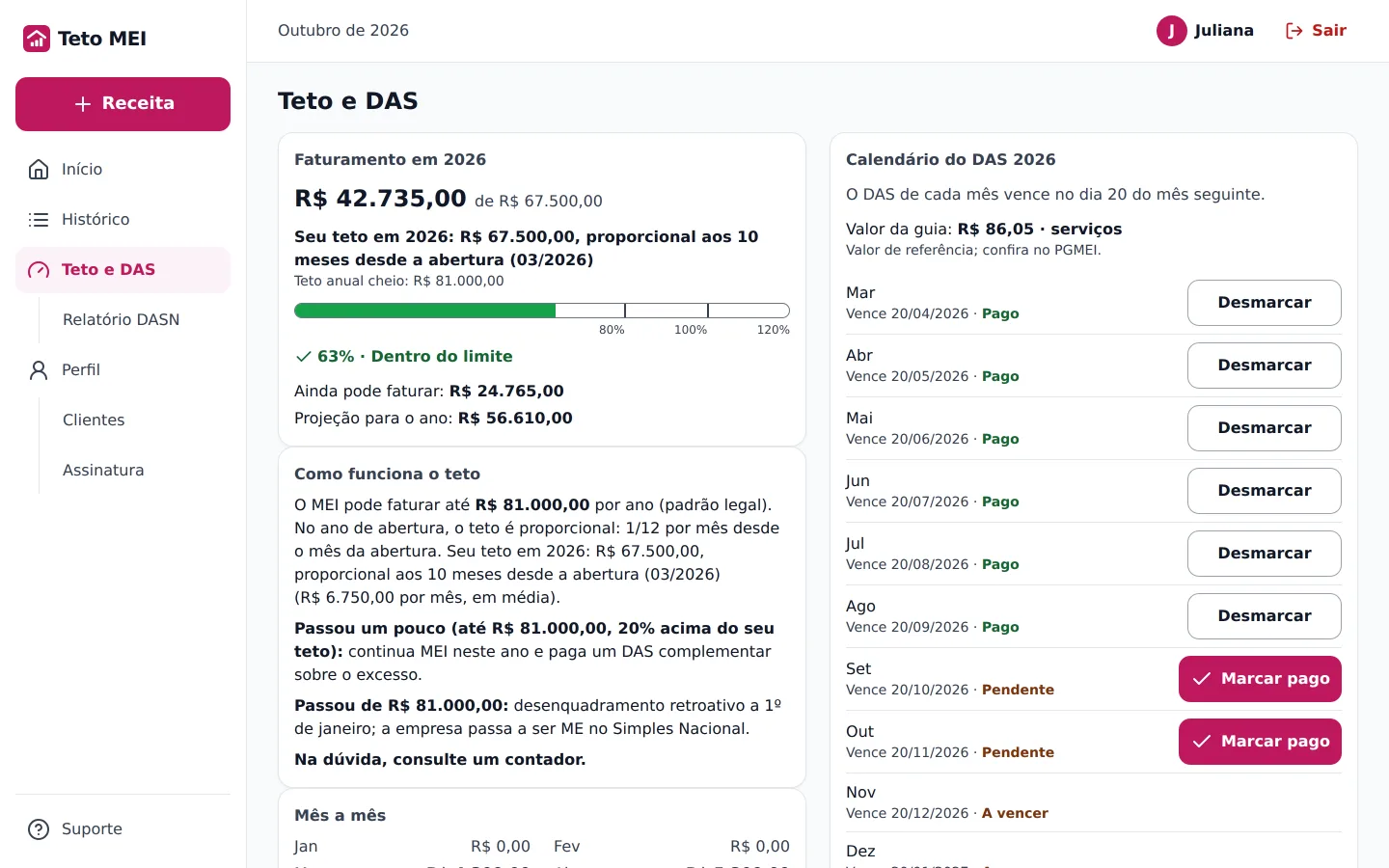 Tela Teto e DAS no computador com o calendário do DAS e o resumo para a DASN